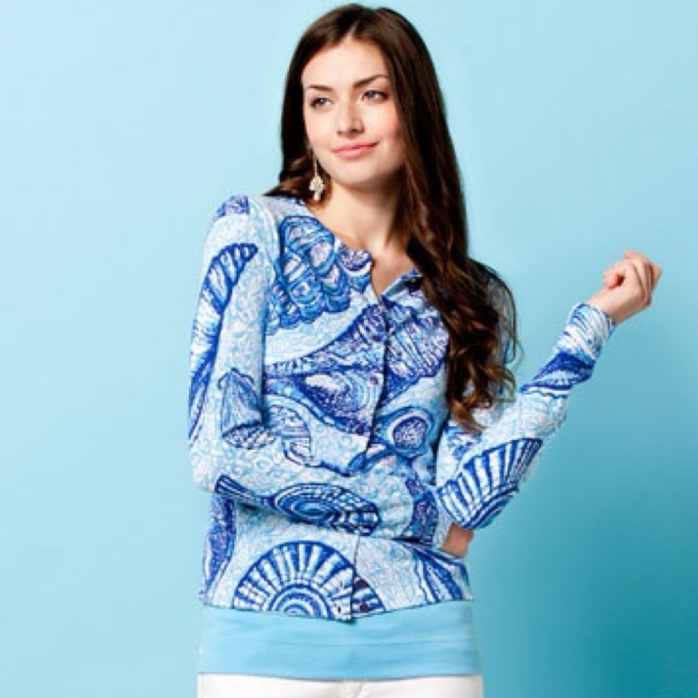 Lilly Pulitzer Paley Cardigan in True Blue Stuffed Shells Print